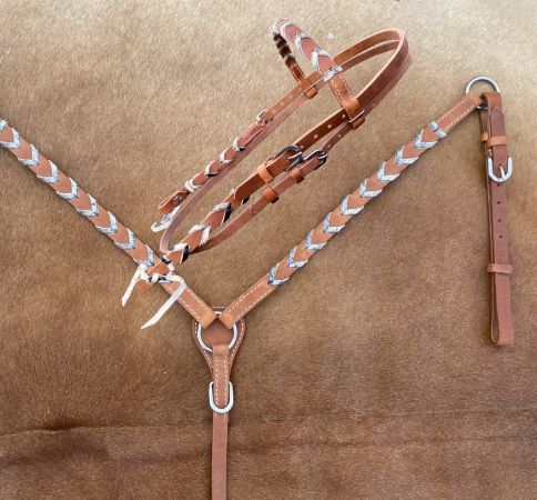 Showman Argentina Leather browband headstall and breast collar set with hair on cowhide lacing #2